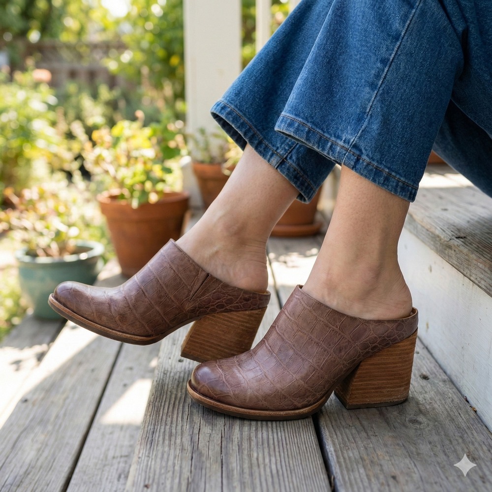 Kork-Ease Challis Mules Womens 7.5 Brown Embossed Crocodile Leather Shoes Clogs